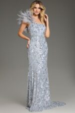 Model wearing Jovani 42426, a floor-length blue sequin gown with feathered shoulder.