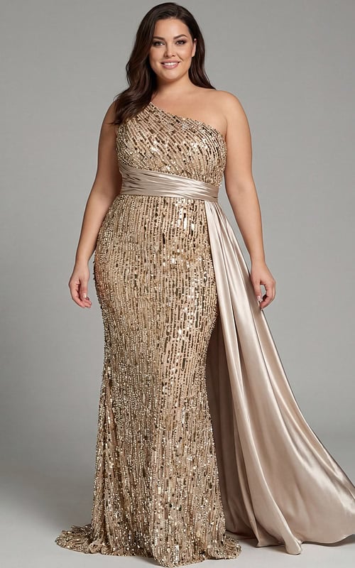 Plus size one shoulder sequin gown with fitted silhouette and long satin drape.