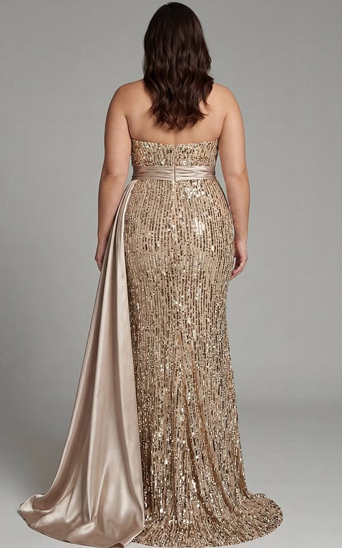 Back view of plus size sequin evening gown with satin sash and sweep train.