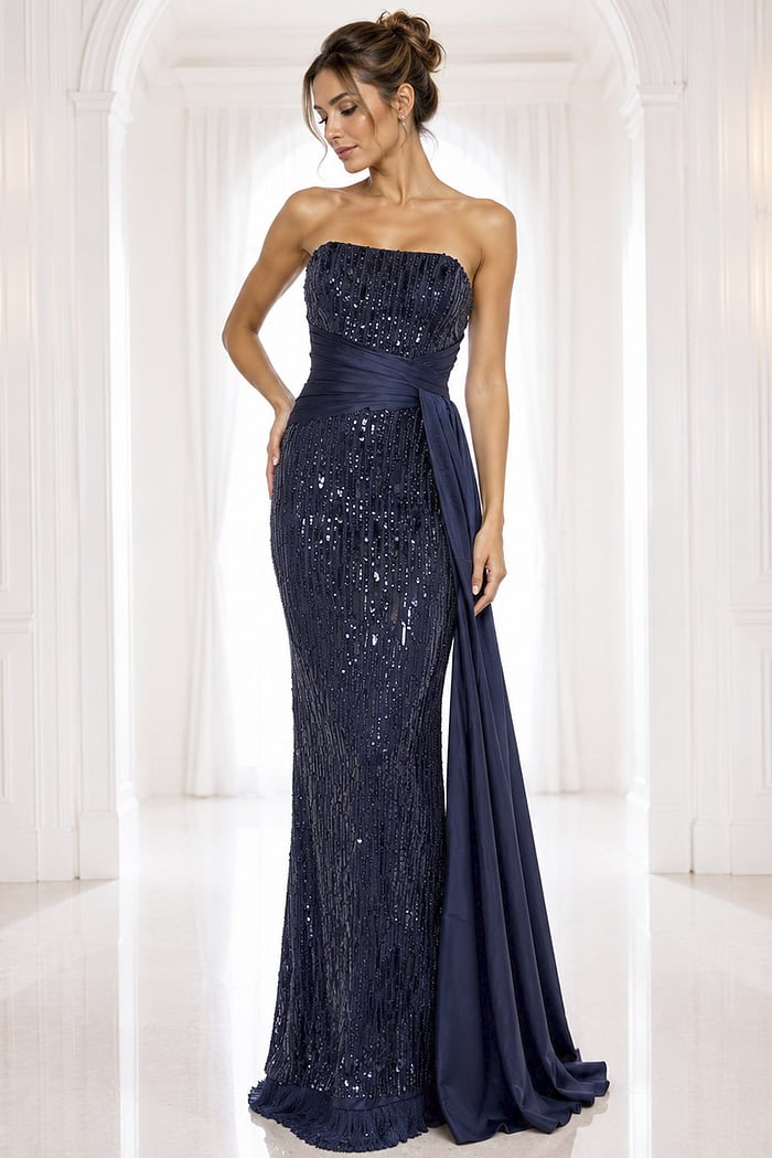 navy dress style 42427A - front full body, navy sequin, strapless, draped sash