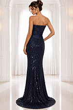 navy dress style 42427A - back view, strapless navy sequined ruched waistband mermaid silhouette