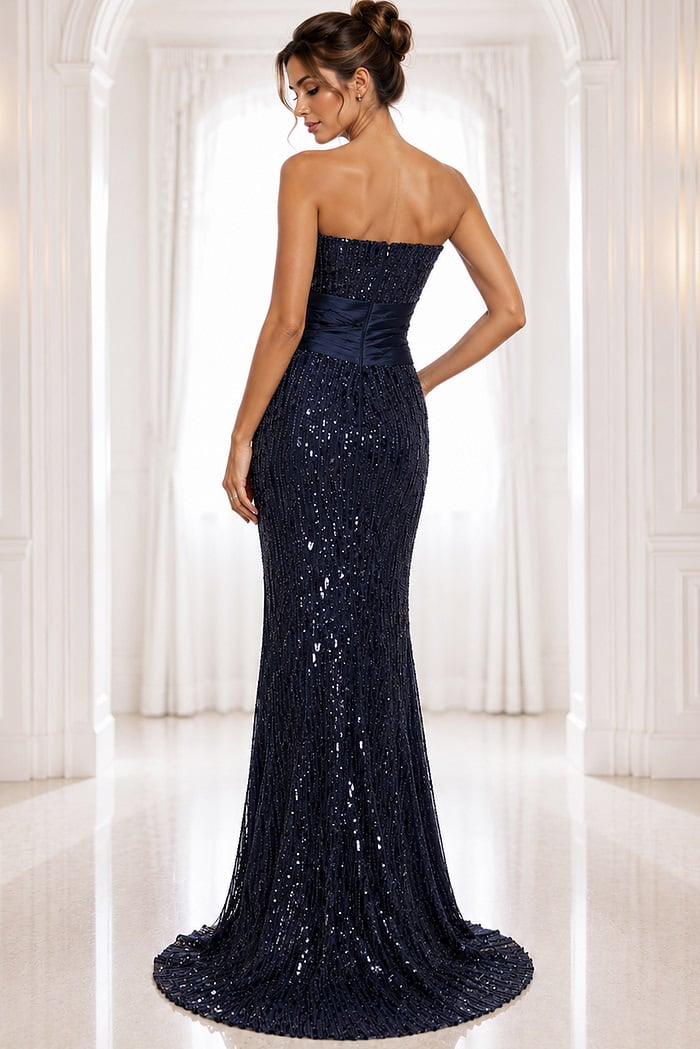 navy dress style 42427A - back view, strapless navy sequined ruched waistband mermaid silhouette