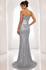silver dress style 42427A - back view, silver sequin, strapless, ruched waist, mermaid silhouette
