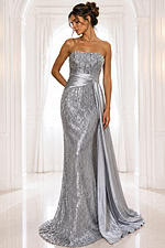 silver dress style 42427A - three quarter view, silver sequined strapless side drape
