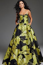 model wearing 42435 yellow floral dress with a strapless neckline and A-line silhouette, front view