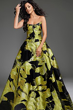model wearing 42435 yellow floral dress with a strapless neckline and A-line silhouette, front view
