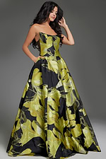 model wearing 42435 yellow floral dress with a strapless neckline and A-line silhouette, front view