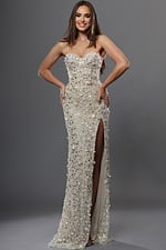 beige sheath long dress with strapless sweetheart beaded sequin high slit