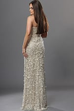 beige sheath long dress with strapless sweetheart beaded sequin high slit
