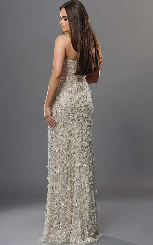 beige sheath long dress with strapless sweetheart beaded sequin high slit