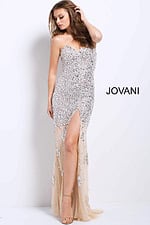 Beige 4247 evening gown emphasizing luxurious design and slit