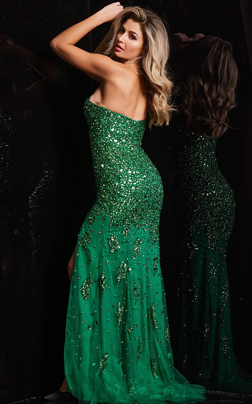 model showing back of Jovani 4247 green gown with beadwork