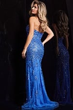 Side view of blue 4247 gown with beautiful sequins