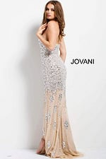 Model showcasing beige 4247 gown with sweetheart neckline and sequin embellishments