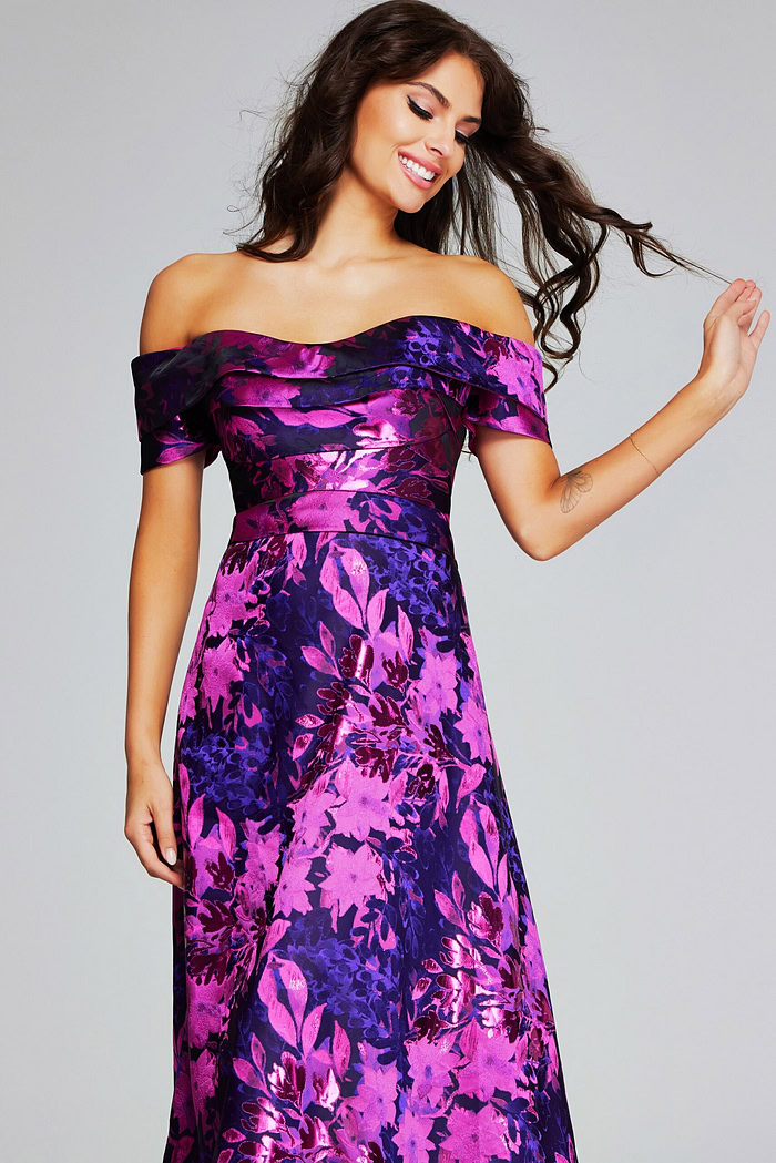 sachin and babi light blue dress Vibrant Fuchsia Purple Off-Shoulder Gown 42506