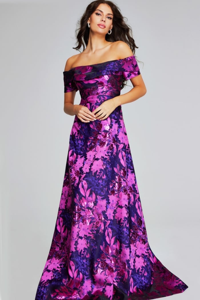 Model wearing Jovani 42506 bold fuchsia floral A-line dress.