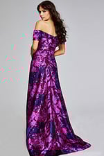 Model wearing Jovani 42506 back view of fuchsia floral A-line dress.