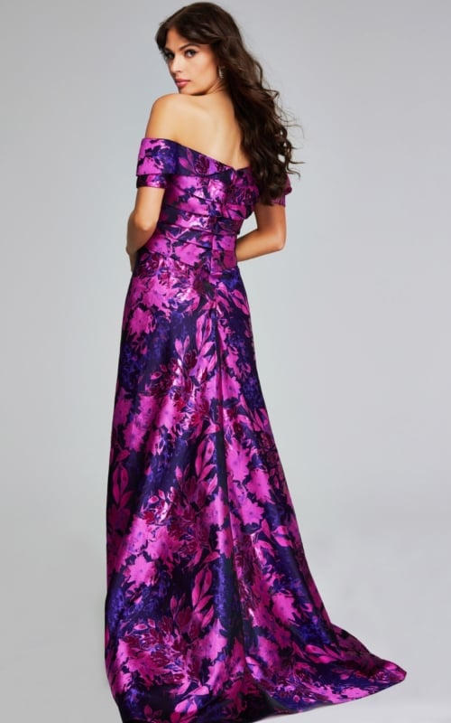 Model wearing Jovani 42506 back view of fuchsia floral A-line dress.