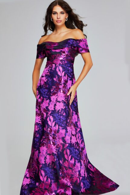 Model wearing Jovani 42506 front view of fuchsia floral dress.