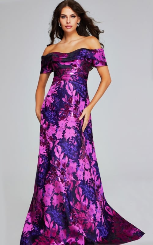 Model wearing Jovani 42506 front view of fuchsia floral dress.