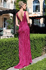 v-neck sequined gown with high slit and open back