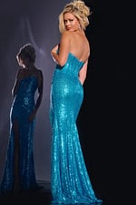 Back view of Jovani 42514 blue sequin gown, showcasing its elegant design.
