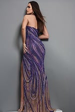 purple sheath long dress with strapless sweetheart beaded sheer slit