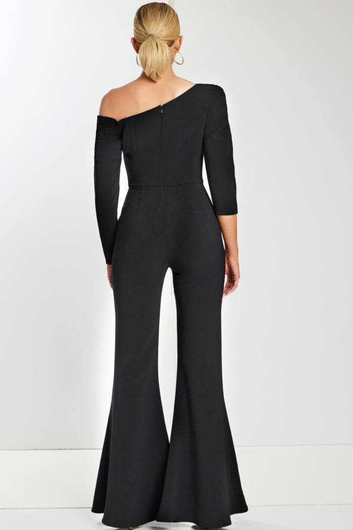 Back view of black one-shoulder jumpsuit with fitted bodice and flare pants
