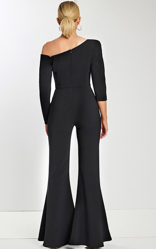 Back view of black one-shoulder jumpsuit with fitted bodice and flare pants