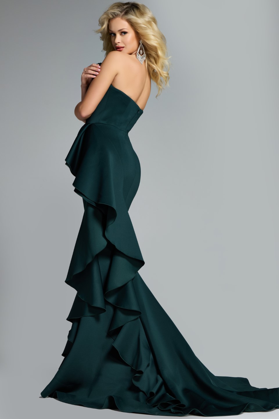 Dramatic One-Shoulder Ruffle Gown with Cascading Train 42543