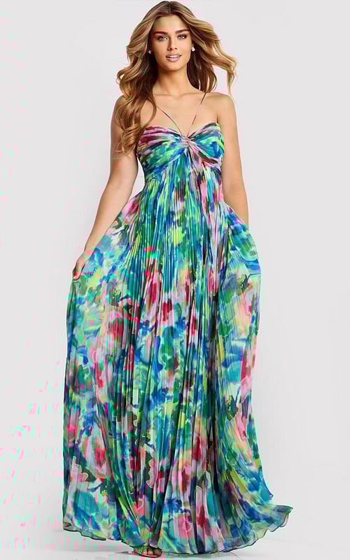 Pleated Watercolor Floral Gown