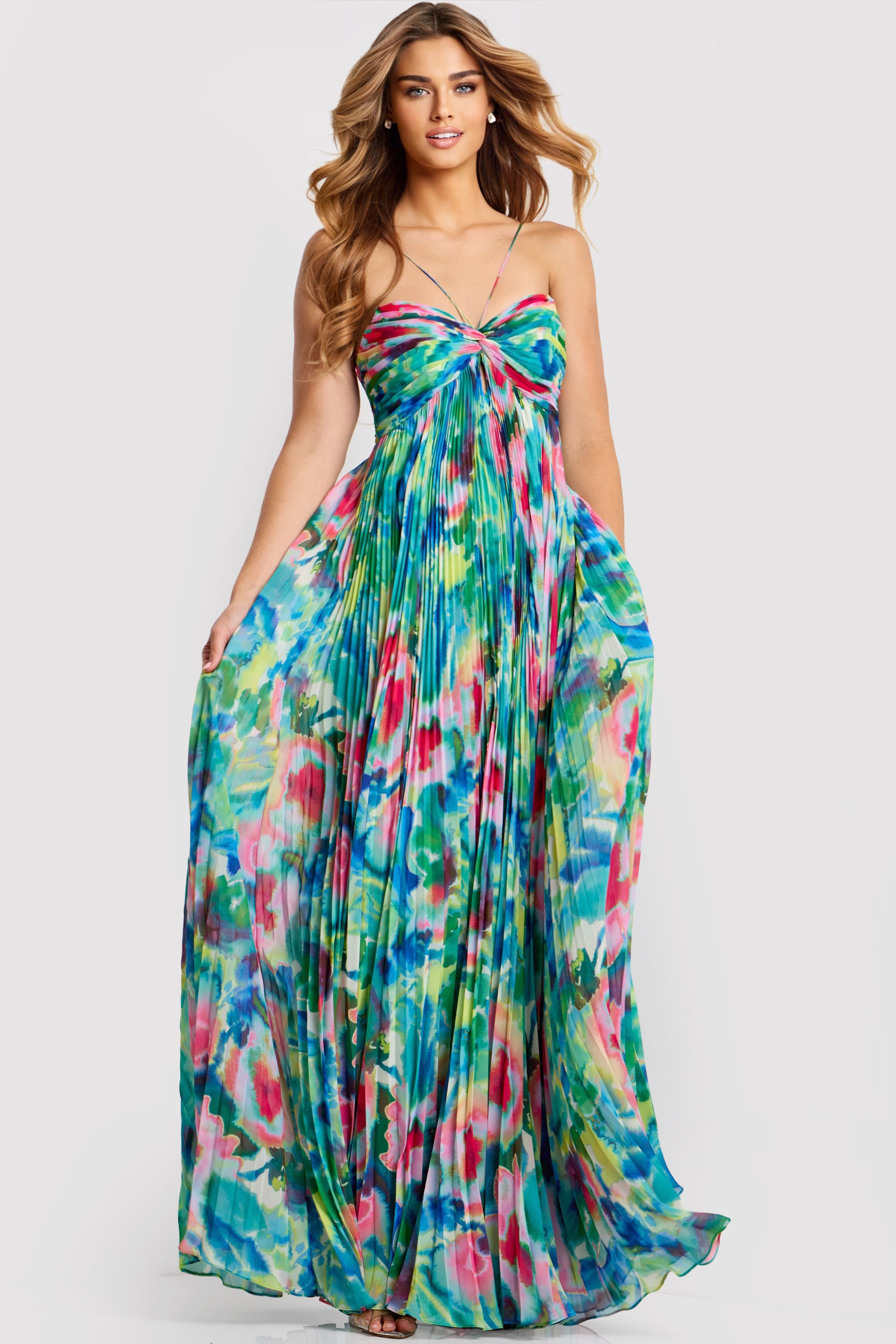 42558-1 Pleated Watercolor Floral Gown