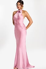 Side view of model in sleek mauve satin gown with open arms and fitted waist.