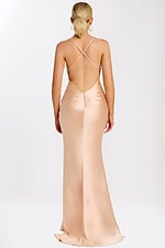 Backless satin evening dress with crisscross straps in blush