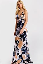 Abstract printed satin gown with halter neckline and mermaid fit