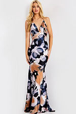 Halter satin mermaid gown with abstract print and deep V-neck