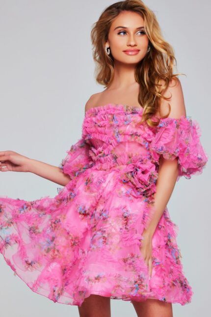Model wearing Jovani 42573 pink off-the-shoulder dress, partial view.