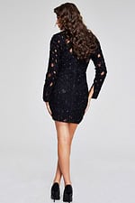 Model wearing Jovani 42576 black dress, back view with zipper closure detail.