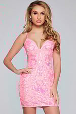 Model wearing Jovani 42601 pink sequined dress, front view.