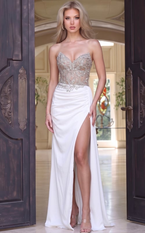 White strapless sheath gown with silver beaded sheer bodice, ruched waist and high slit skirt