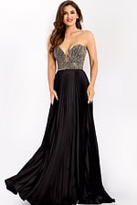 Strapless gown with beaded bodice and pleated satin skirt