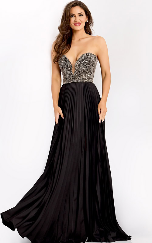 Strapless gown with beaded bodice and pleated satin skirt