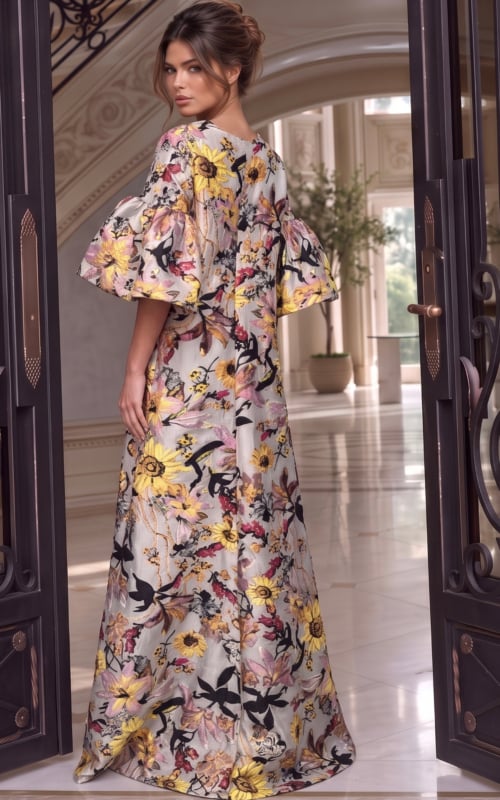 Back view of floral jacquard bell sleeve maxi gown 42650 showing the closed back and full floor length skirt