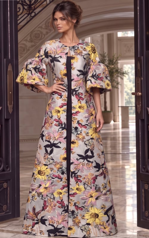 Floral jacquard maxi gown with bell sleeves, round neckline and open front panel in yellow and pink print