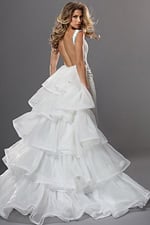 white fit and flare long dress with plunging v beaded high slit tiered