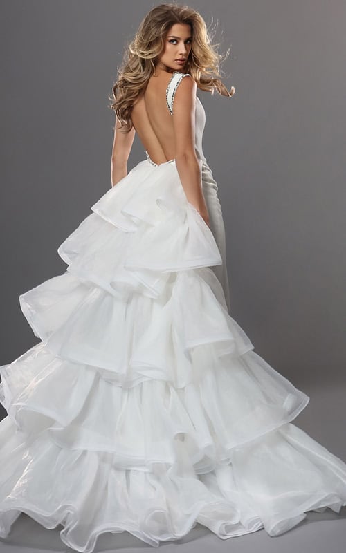 white fit and flare long dress with plunging v beaded high slit tiered