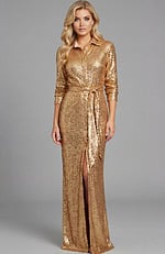 Long sleeve sequin evening gown with collared neckline, tie waist, and front slit