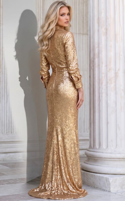 Back view of gold sequin shirt collar gown 42706 showing the fitted back and floor length sweep