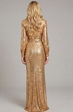Back view of long sleeve sequin evening gown with straight silhouette and floor length design