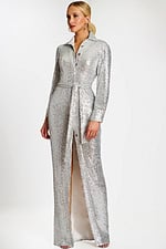 Silver Sequin Shirt Collar Gown With Waist Tie and Slit
